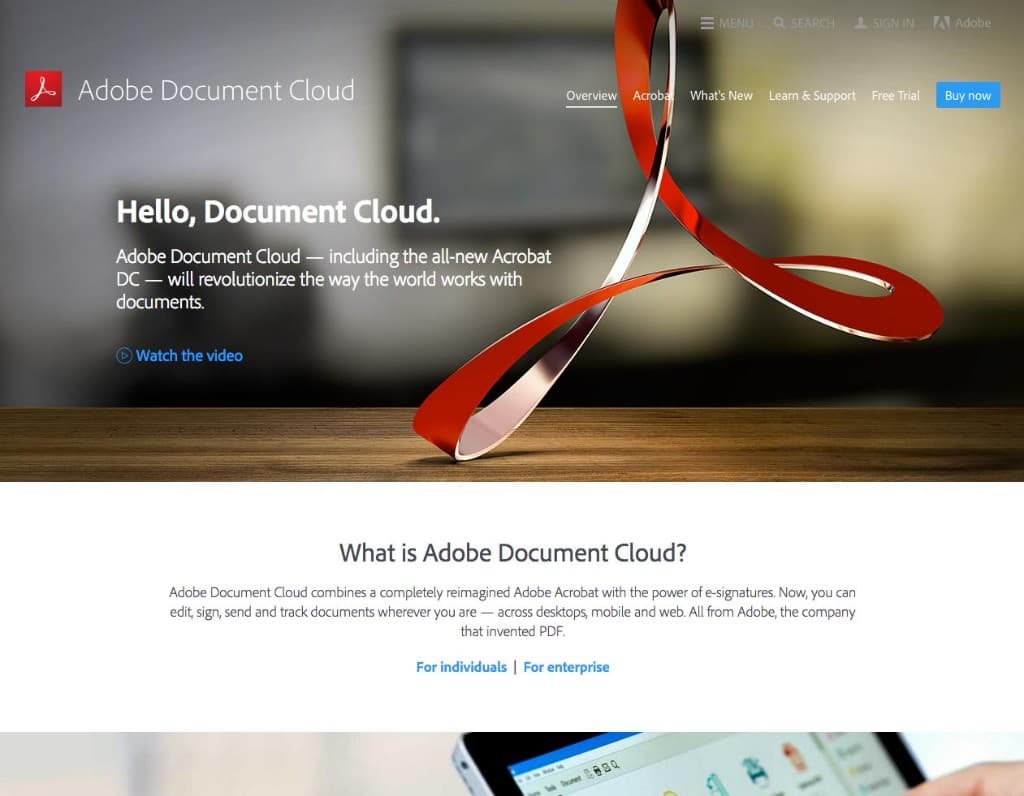 Adobe Document Cloud homepage featuring Hello, Document Cloud hero